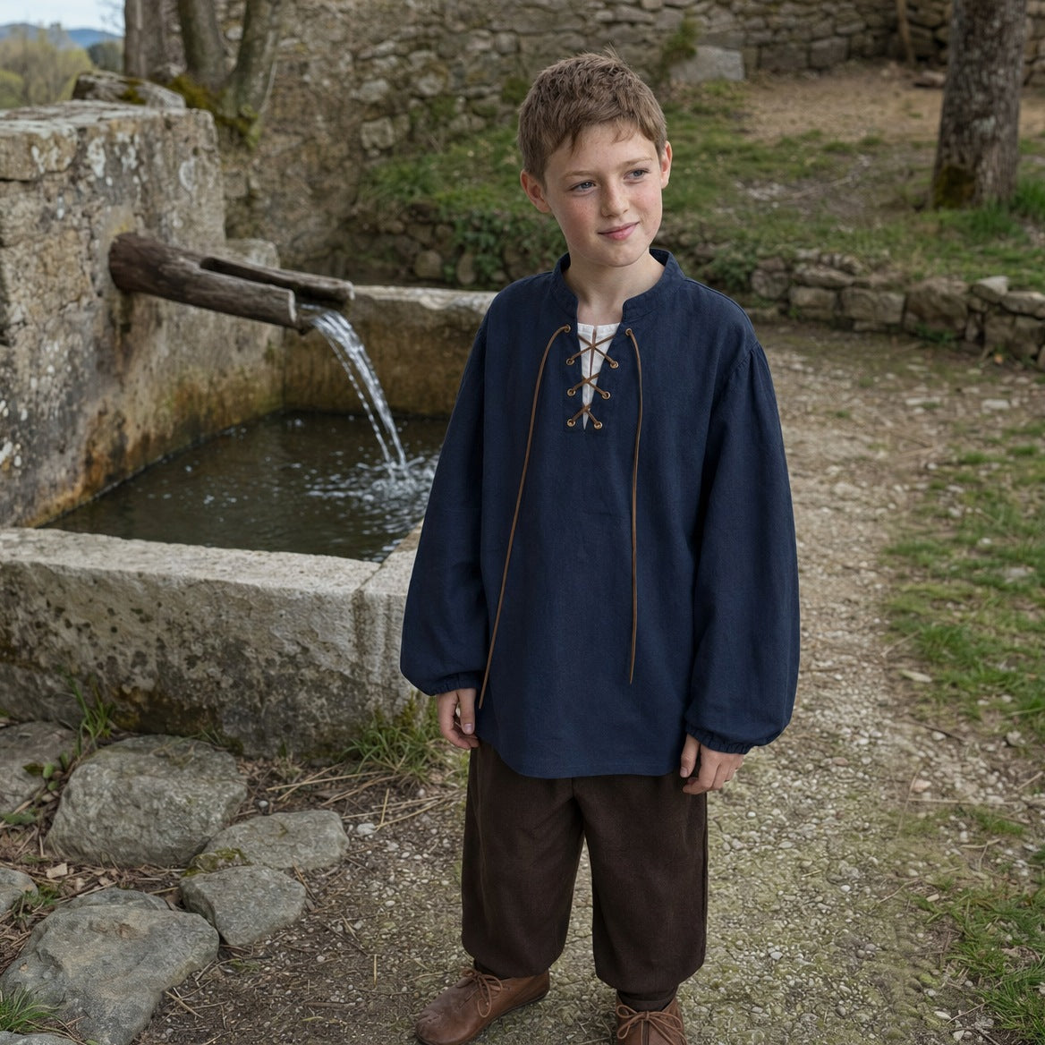 Navy kids' stand-collar shirt, three-quarter view of the collar and lacing