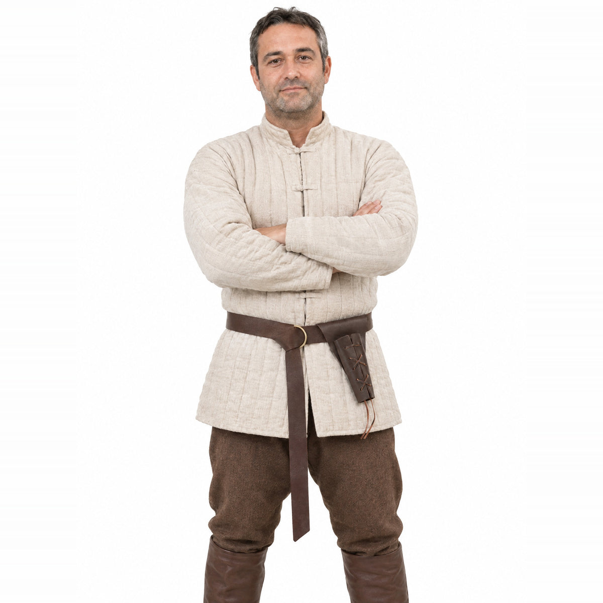 Brown knight belt with sword frog worn by a model on a white background