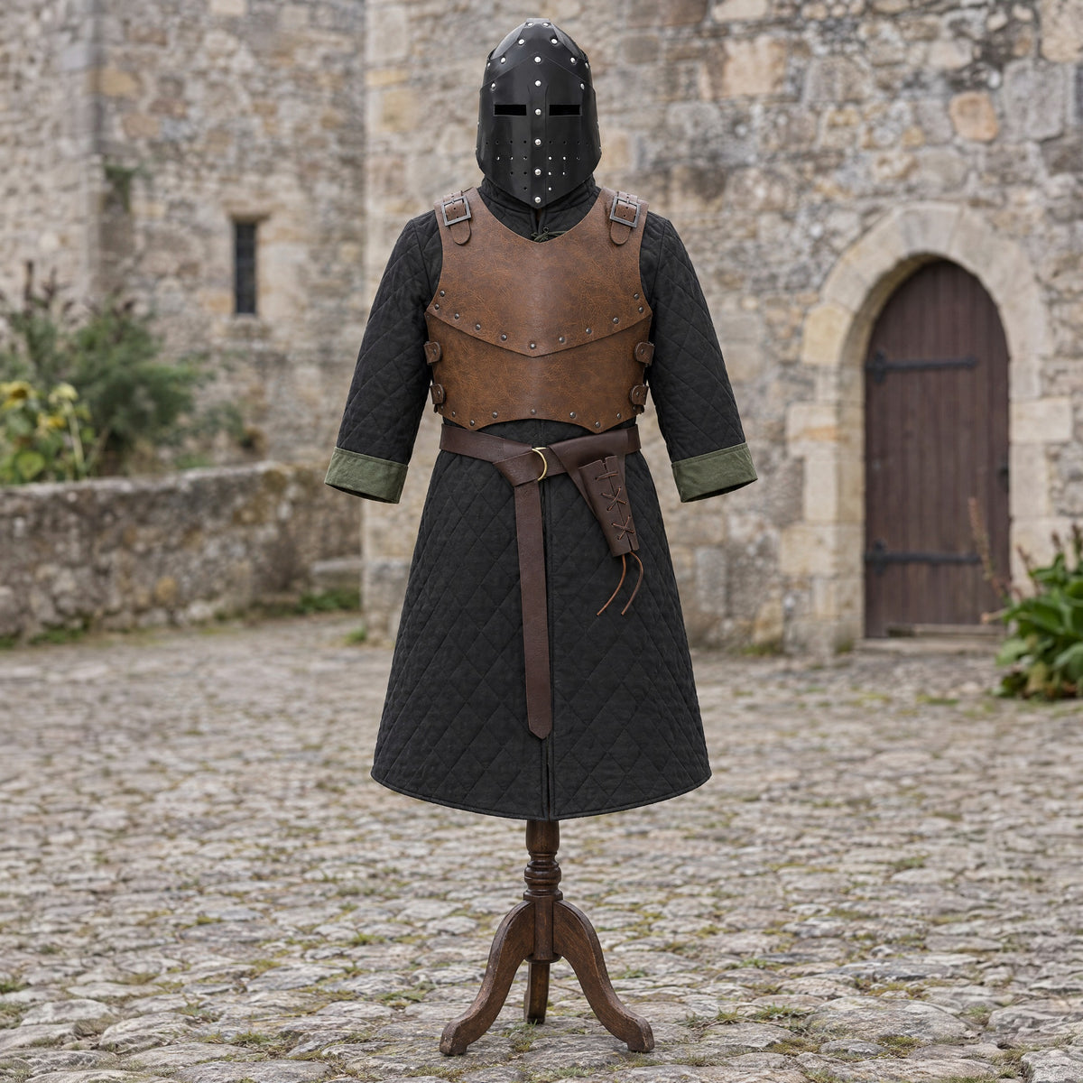 Knight belt with sword frog in a complete knight outfit, on a dress form