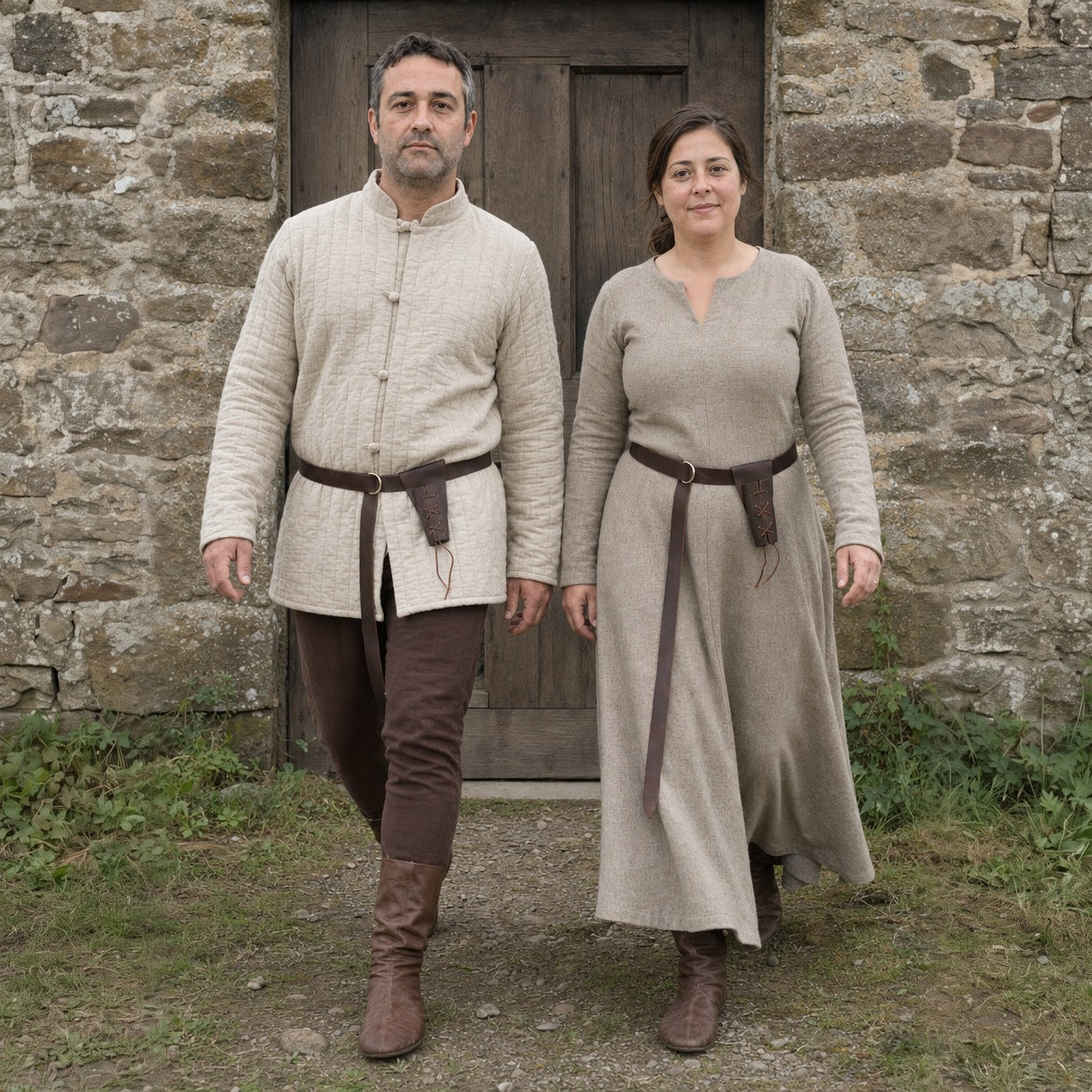 Brown knight belts with sword frogs worn by a man and a woman outdoors