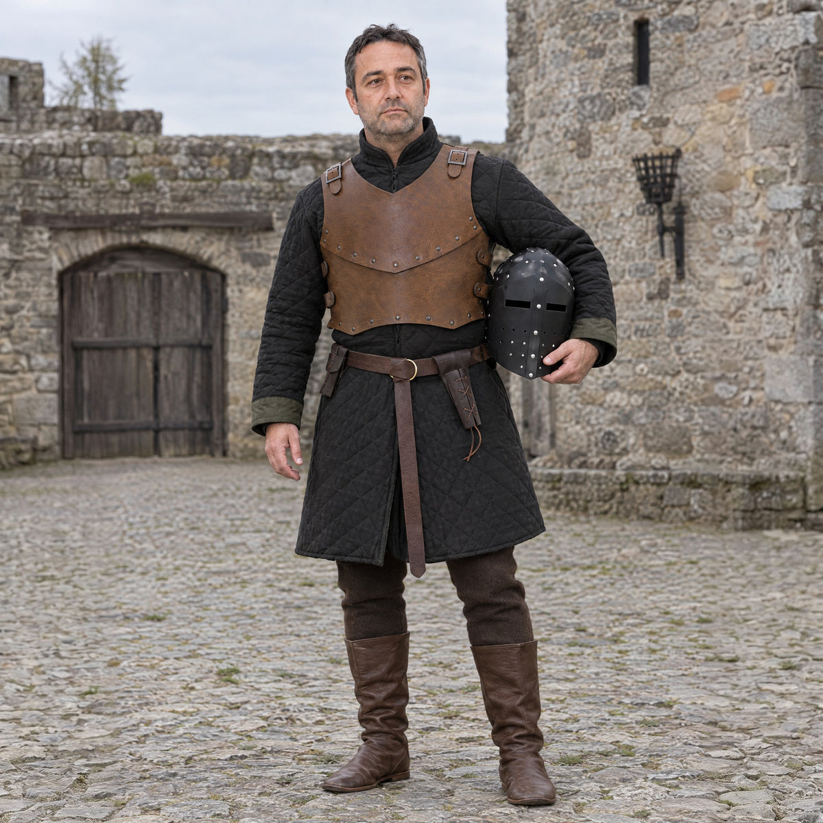 Knight belt with sword frog in a complete knight outfit, worn by a man outdoors