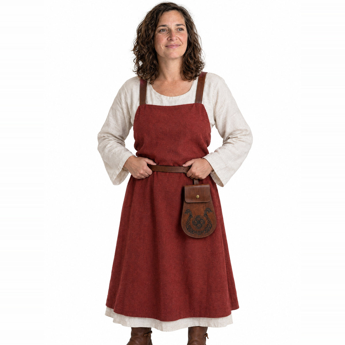 Brown knotwork dragon belt pouch worn by a model on a white background