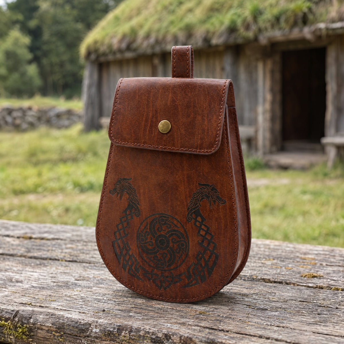 Brown knotwork dragon belt pouch on a rustic surface