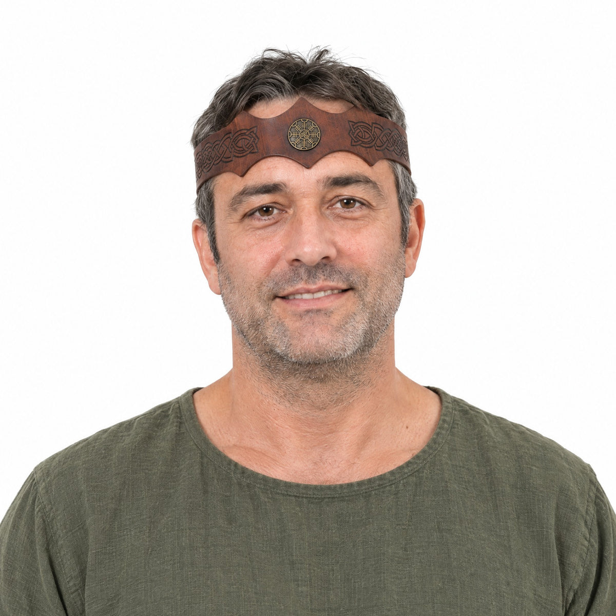 Brown & bronze knotwork circlet with medallion worn by a model on a white background