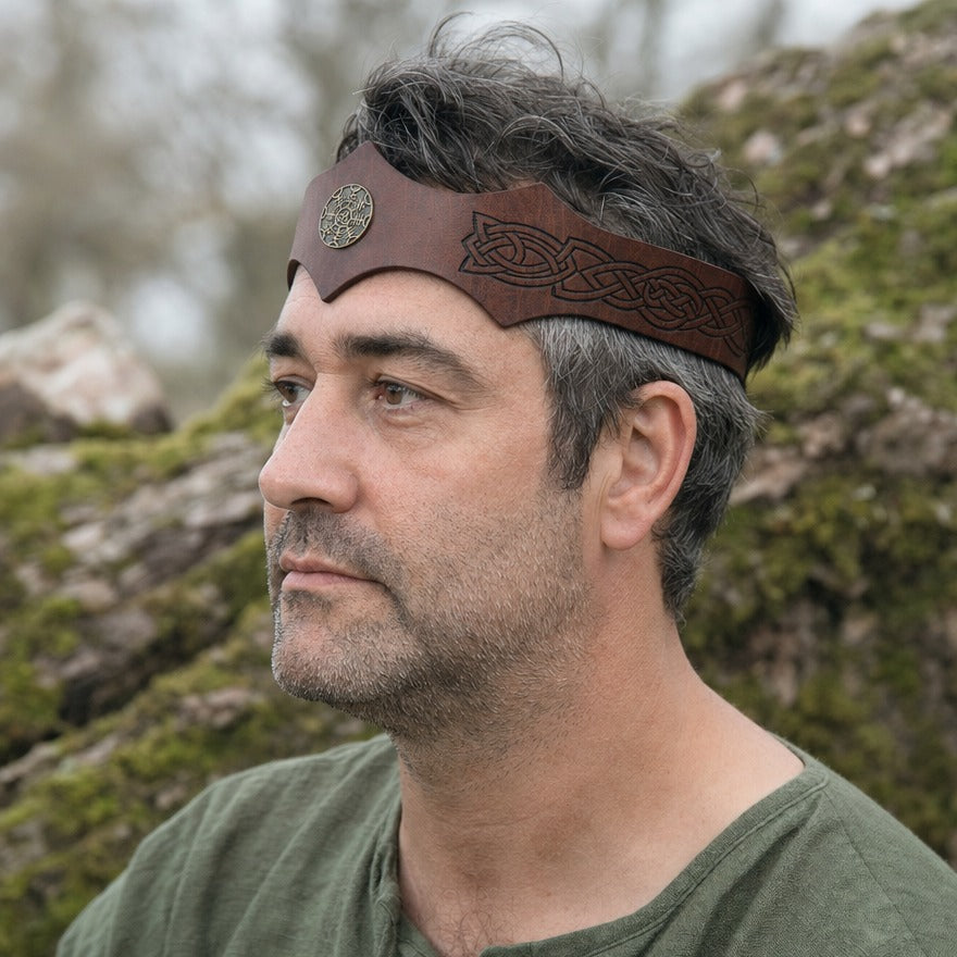 Knotwork circlet on a wearer, showing the 5 cm band depth across the brow