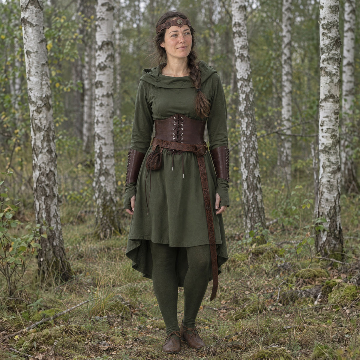 Knotwork Circlet with Medallion in a complete elven outfit, worn by a woman outdoors
