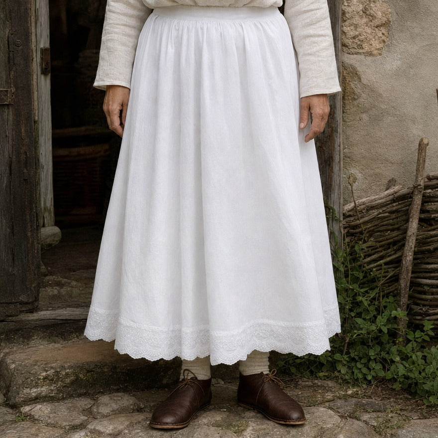 Lace-hem petticoat on a wearer, showing where the chosen length falls