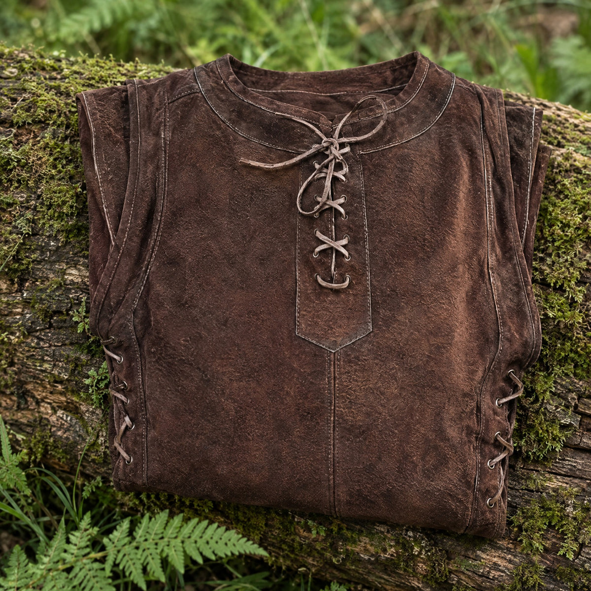 Brown lace-up hunter vest on a rustic surface