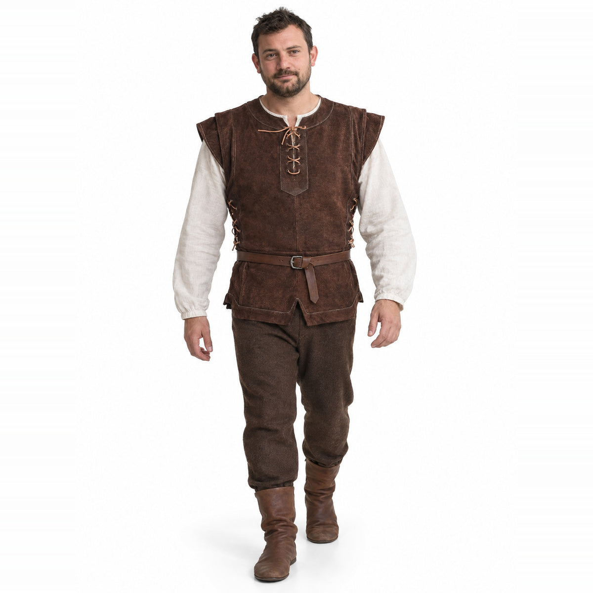 Brown lace-up hunter vest worn by a model on a white background