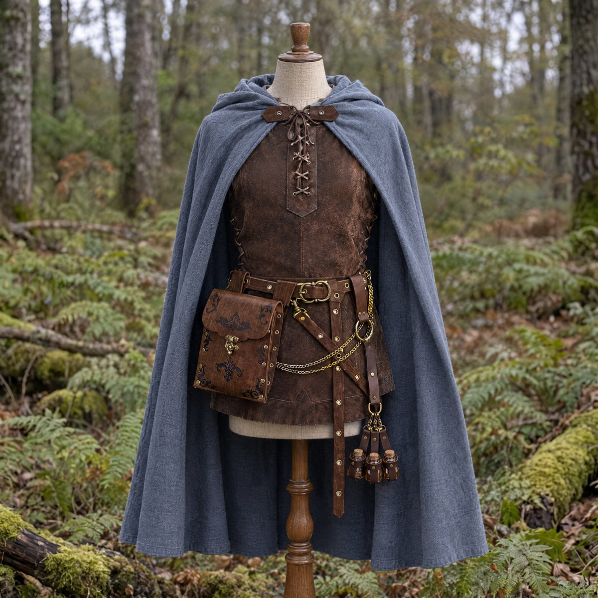 Lace-up hunter vest in a complete ranger outfit, on a dress form