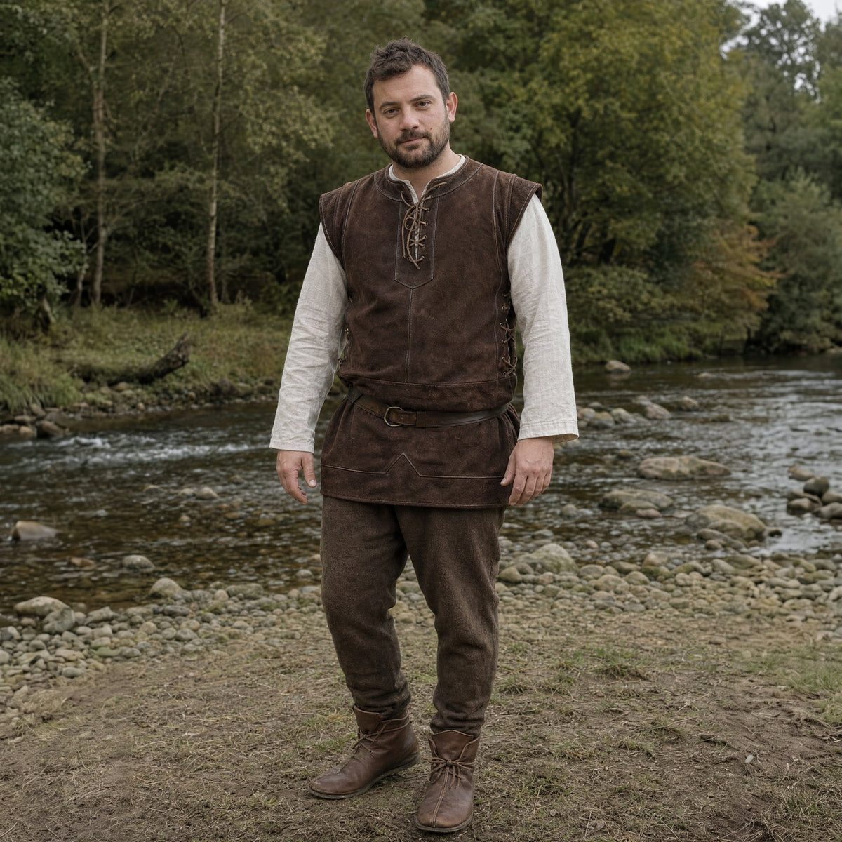 Brown lace-up hunter vest worn outdoors, full-length front view
