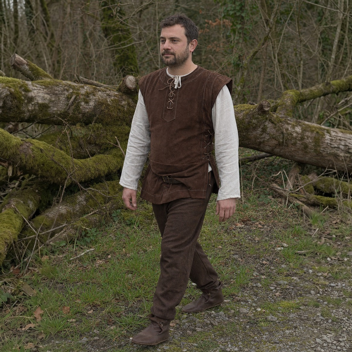Brown lace-up hunter vest worn outdoors