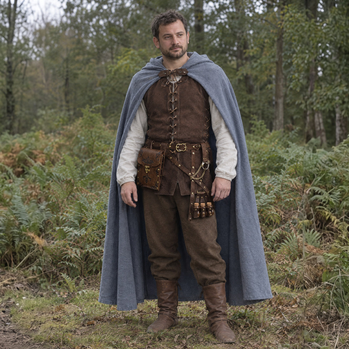 Lace-up hunter vest in a complete ranger outfit, worn by a man outdoors