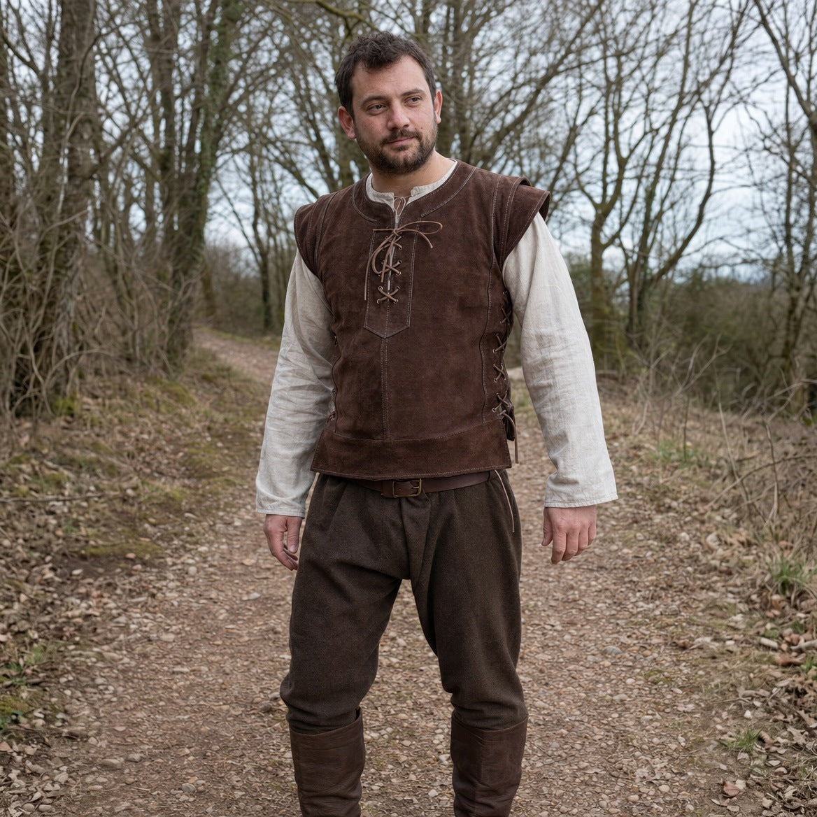 Brown lace-up hunter vest, three-quarter view of the lacing
