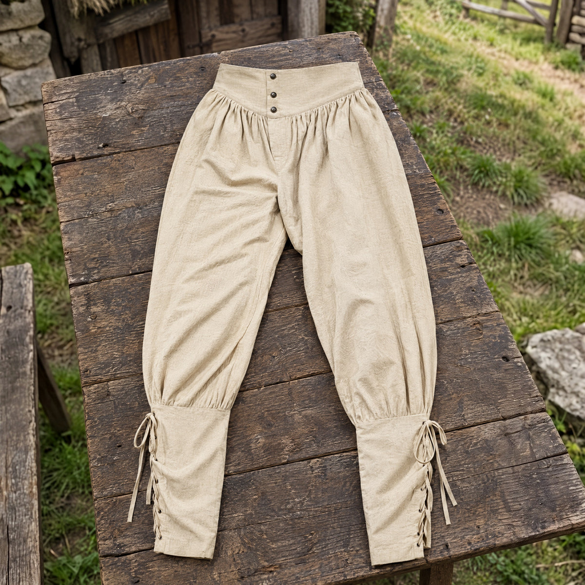Off-White laced trousers with ankle ties on a rustic surface