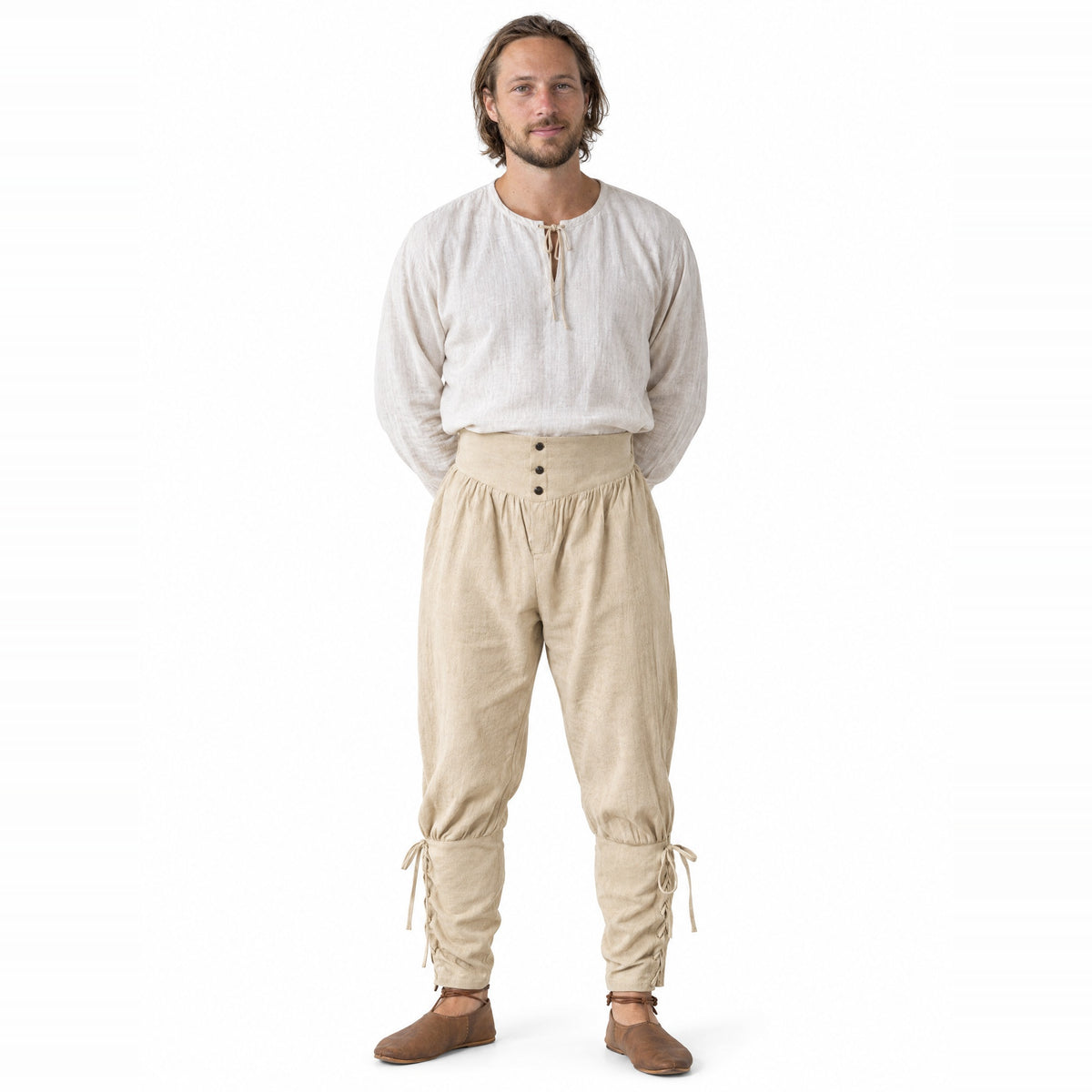 Off-white laced trousers with ankle ties worn by a model on a white background