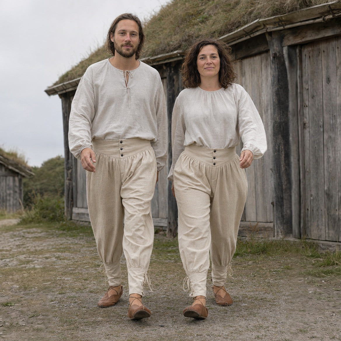Laced trousers with ankle ties styled with linen shirts and shoes