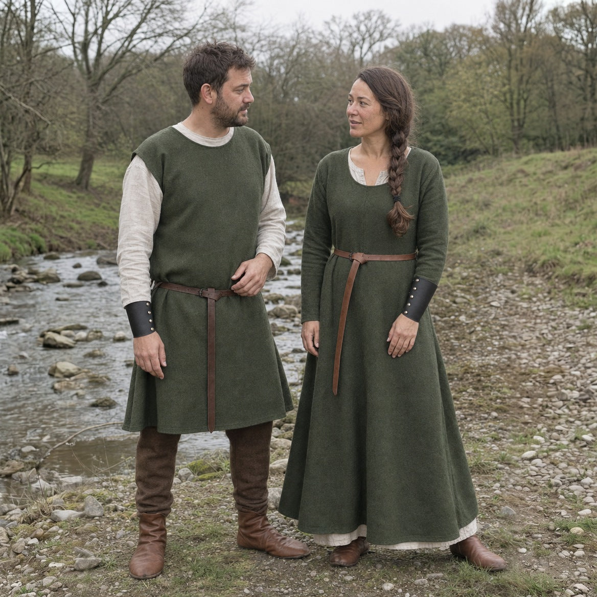 Laced wrist guards styled with a tunic, a long dress and belts