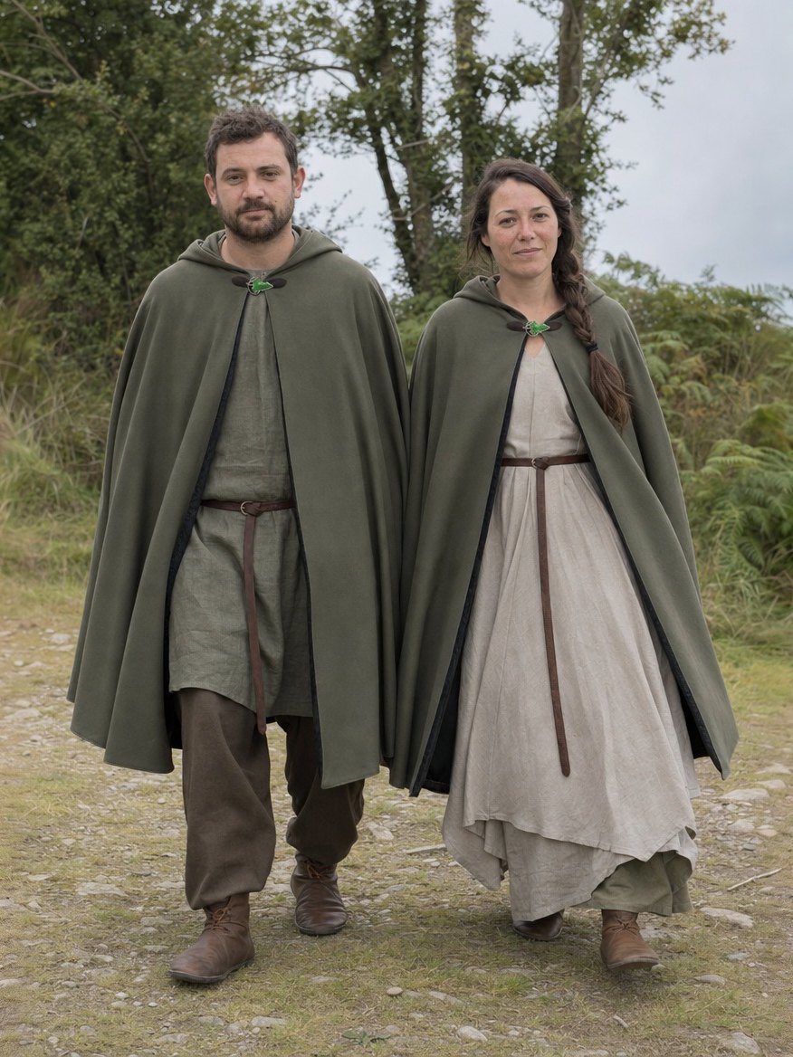 Man and woman wearing the same green hooded cloak on a forest path