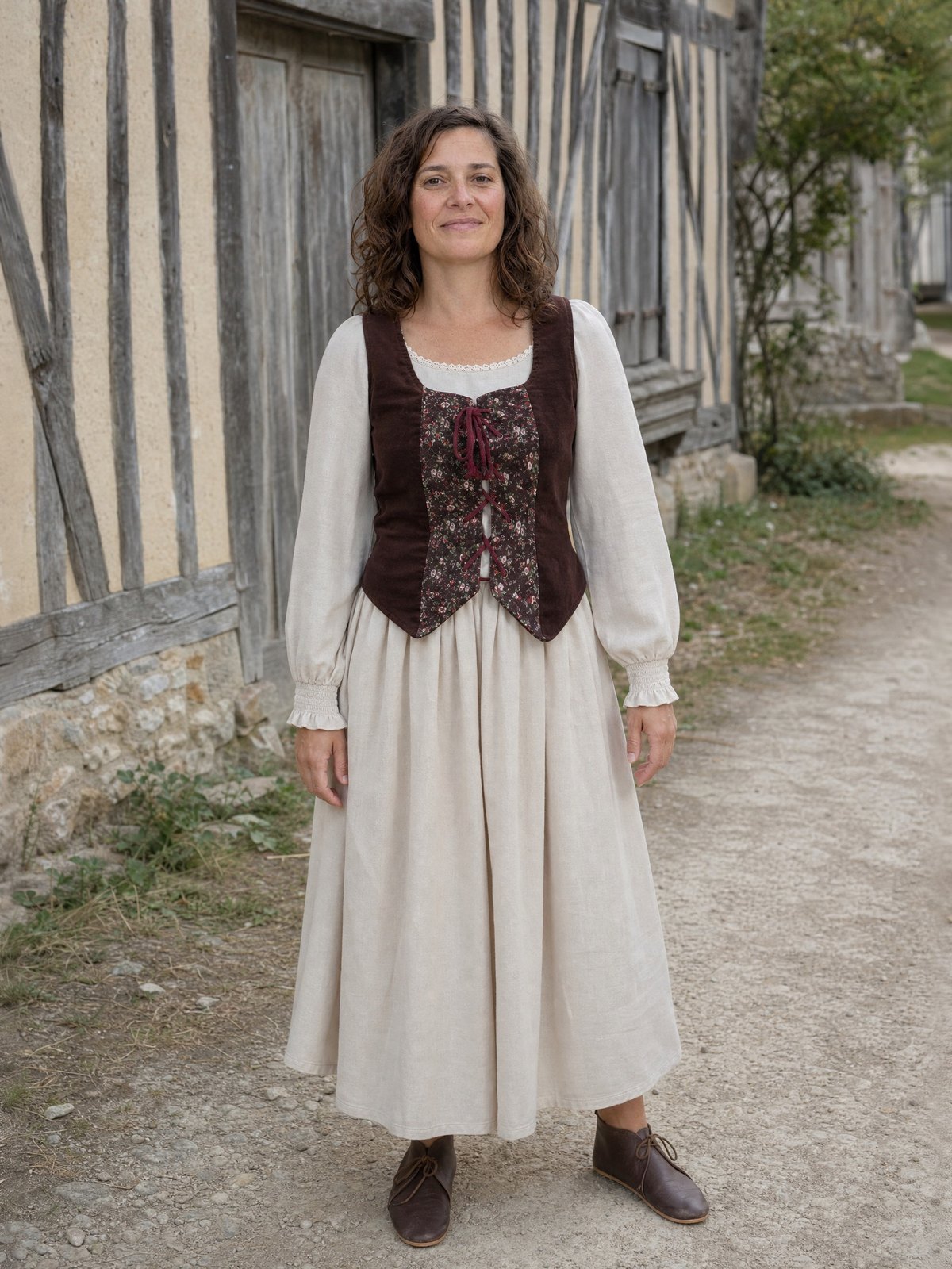 Woman in a laced vest and cream full-skirt dress in a medieval village