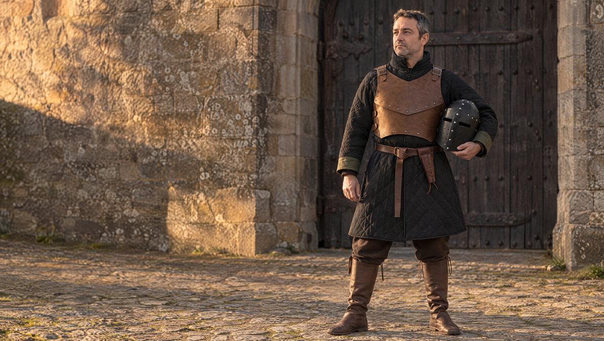Knight outfit: black quilted gambeson, brown breastplate, sword belt and great helm, by LARPLAY