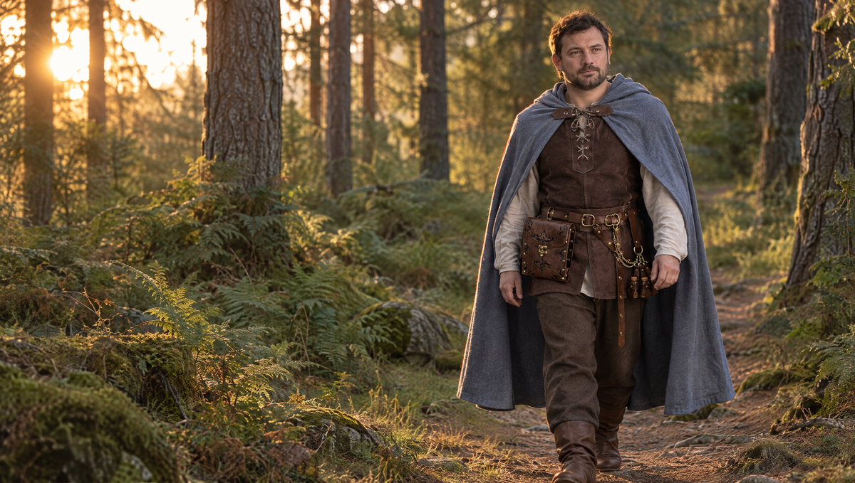 Ranger outfit: grey hooded cloak, brown laced vest and utility belt with pouch, by LARPLAY