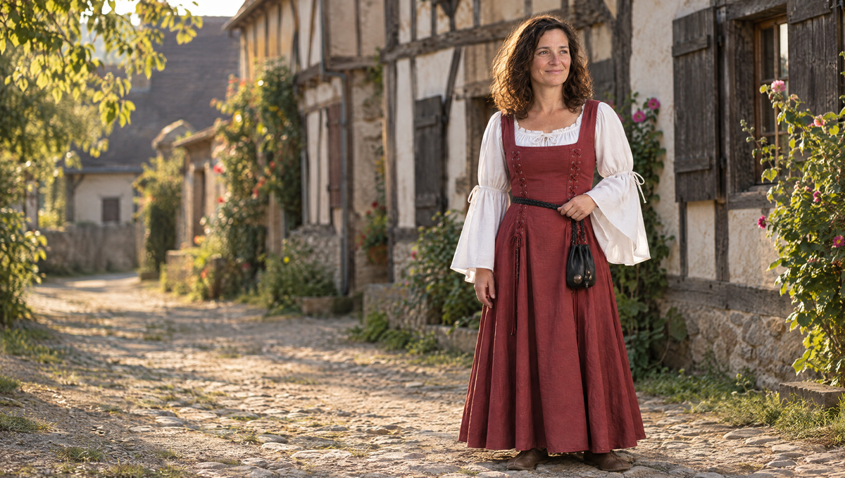 Renaissance outfit: red square-neck laced dress over a white flared-sleeve blouse, with braided belt and pouch, by LARPLAY