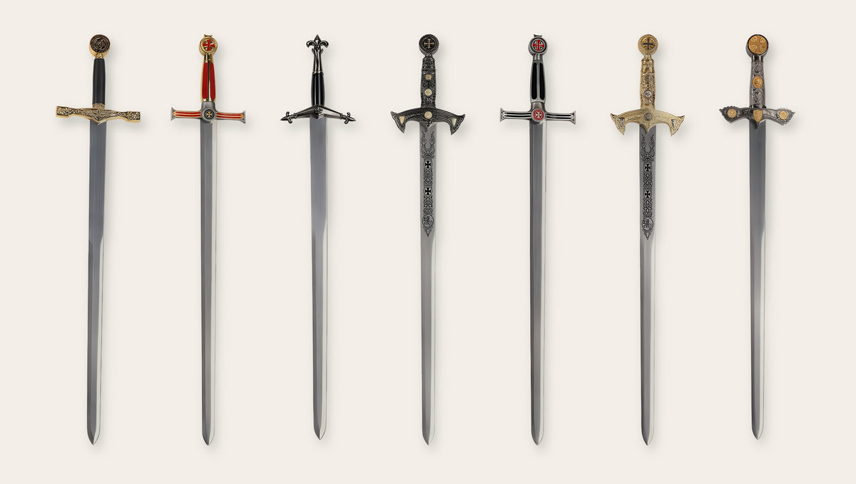 Seven one-handed medieval swords in a row, King Arthur, Teutonic, Joan of Arc and Templar designs