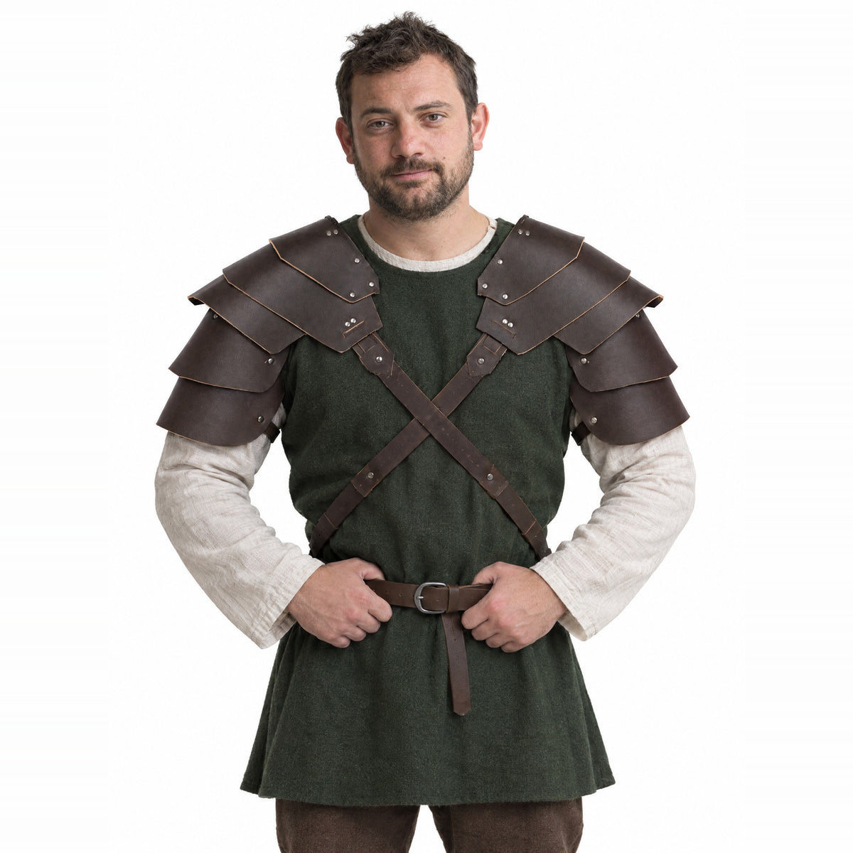 Brown layered double pauldrons worn by a model on a white background