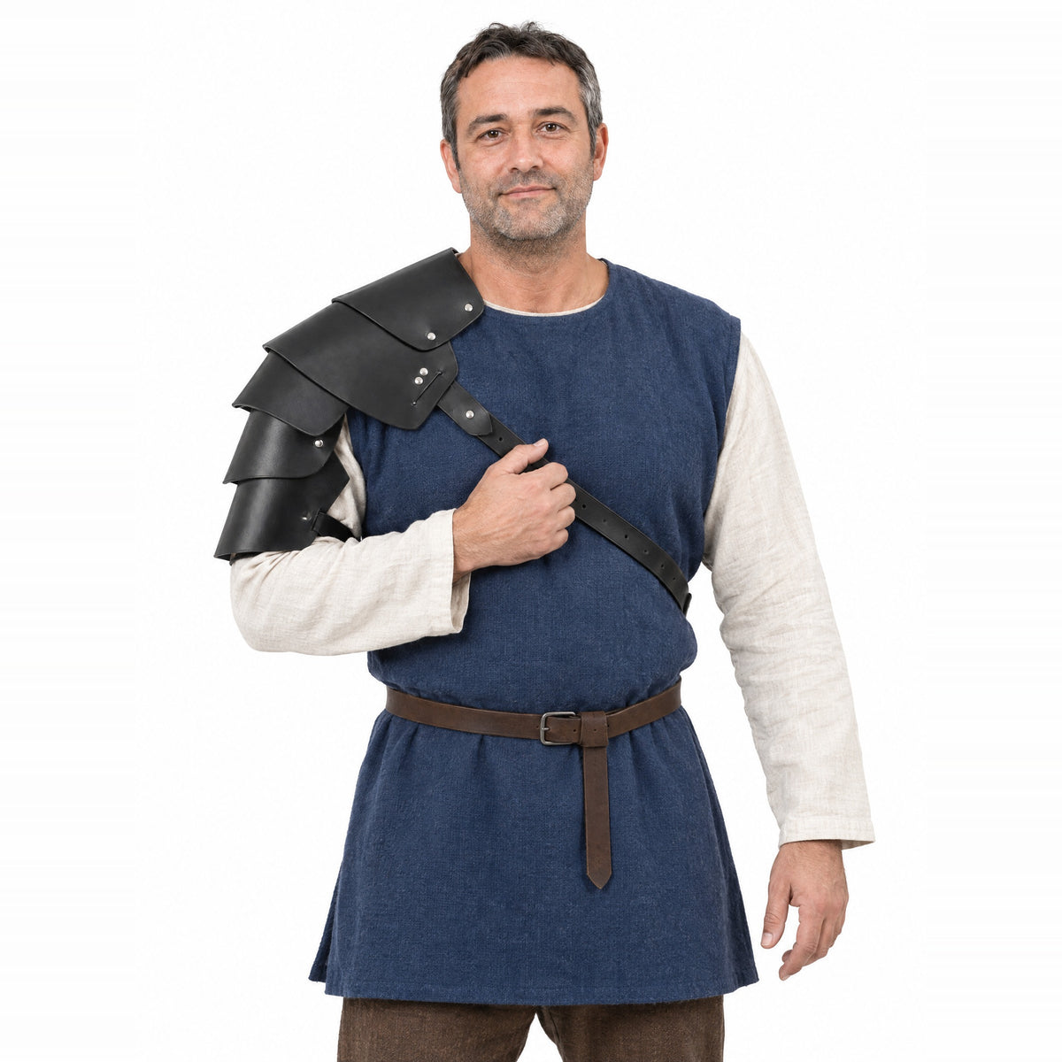 Black layered single pauldron worn by a model on a white background