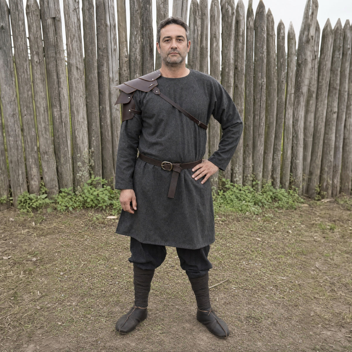 Brown layered single pauldron worn outdoors, full-length front view
