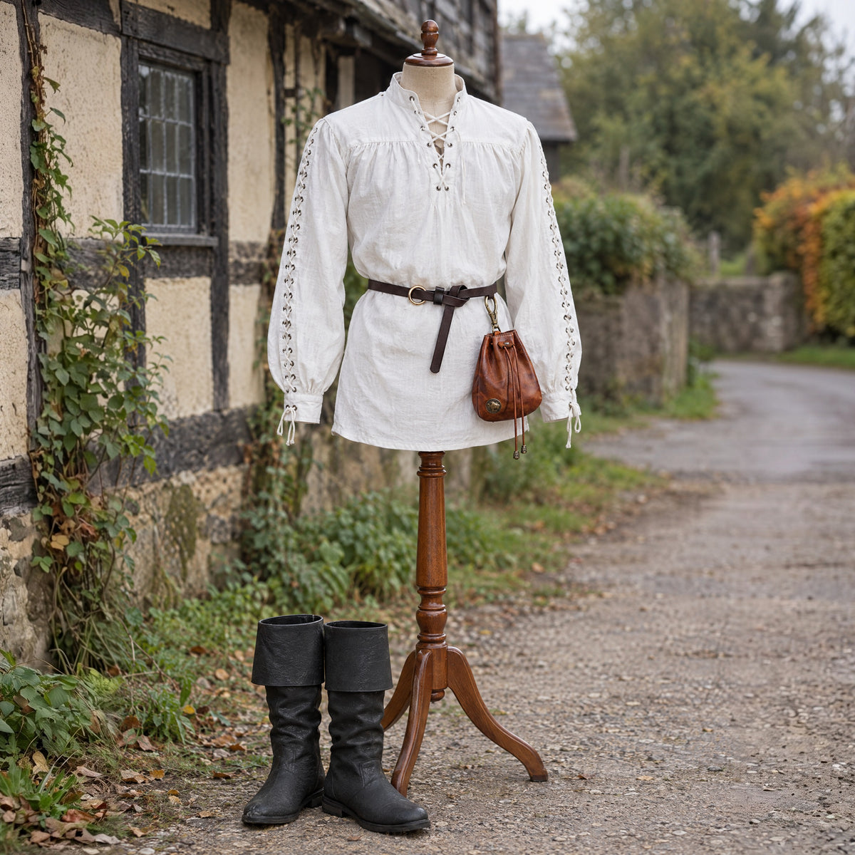 Leather Drawstring Coin Pouch in a complete renaissance outfit, on a dress form