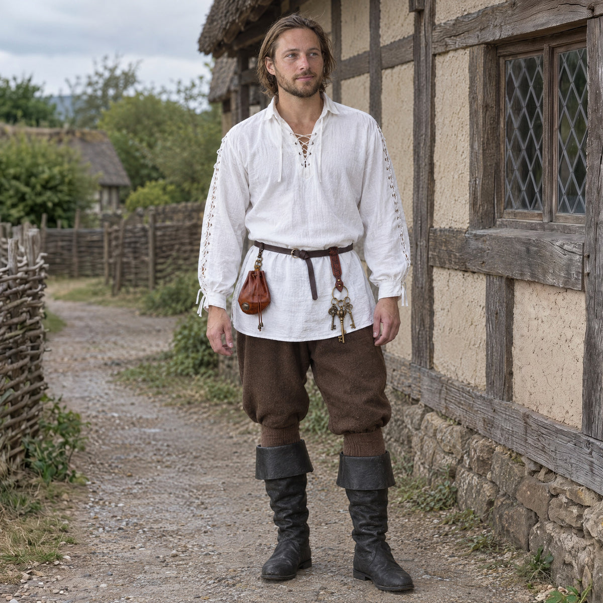 Leather Drawstring Coin Pouch in a complete renaissance outfit, worn by a man outdoors