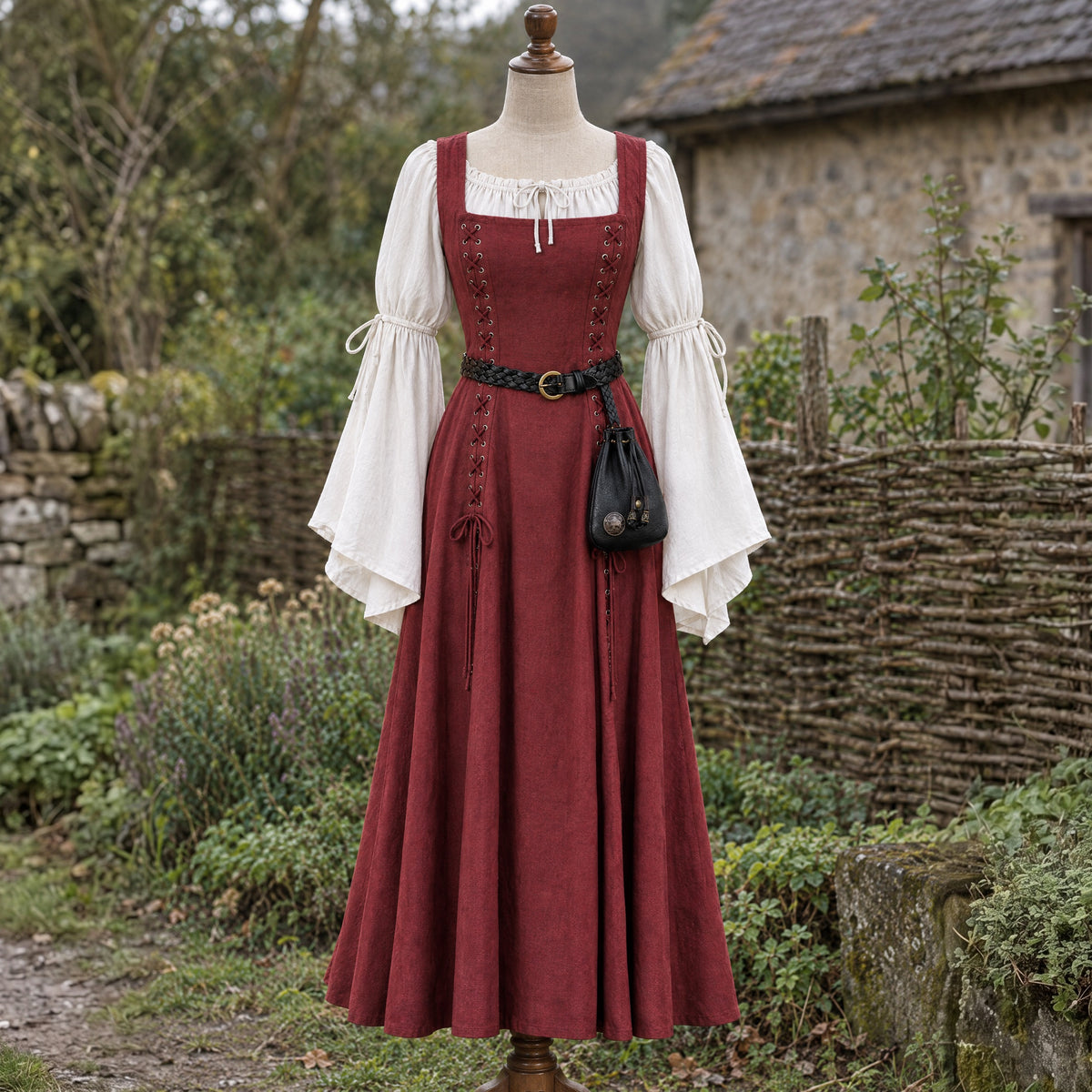 Leather Drawstring Jewellery Pouch in a complete renaissance outfit, on a dress form