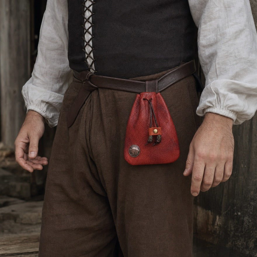 Leather drawstring jewellery pouch at a wearer's hip, showing its 12.5 × 10.5 cm size