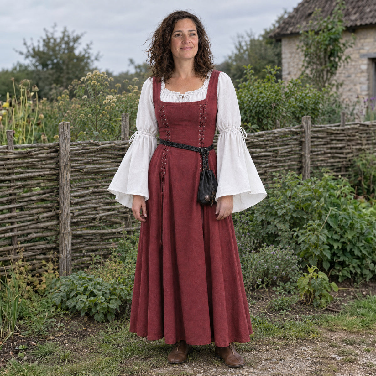 Leather Drawstring Jewellery Pouch in a complete renaissance outfit, worn by a woman outdoors