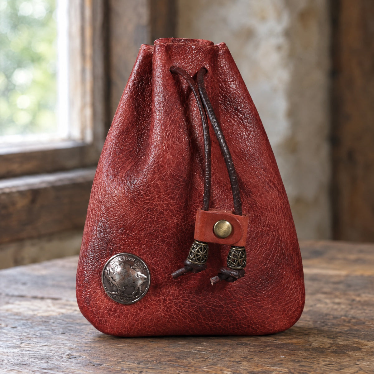Wine red leather drawstring jewellery pouch on a rustic surface