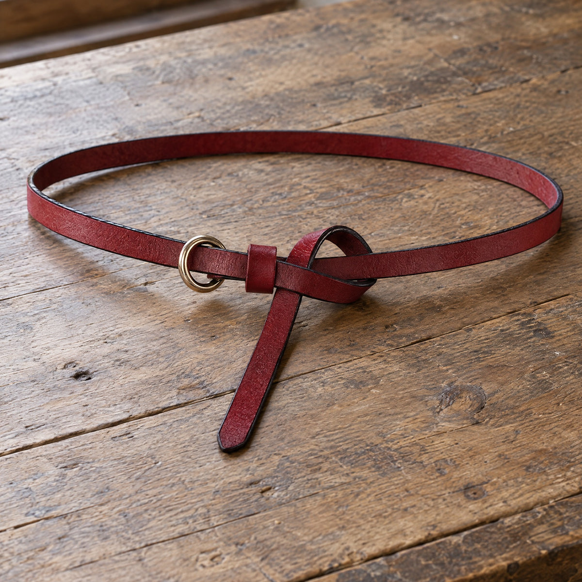 Red leather knot belt with ring on a rustic surface