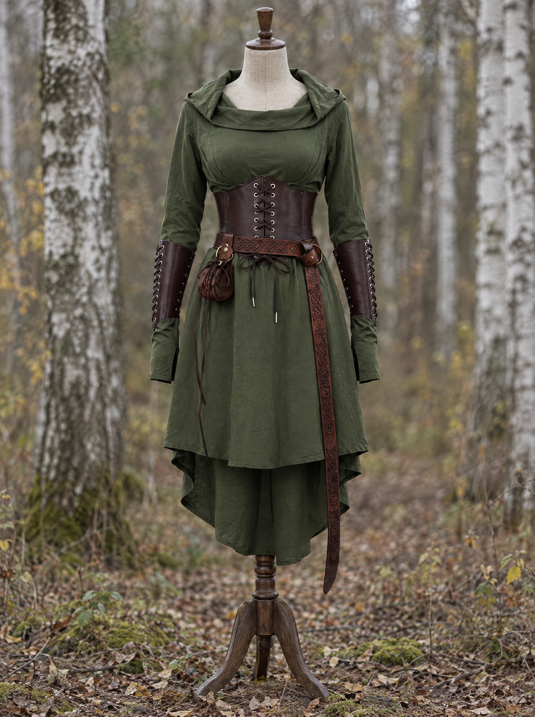 Complete elven outfit on a dress form