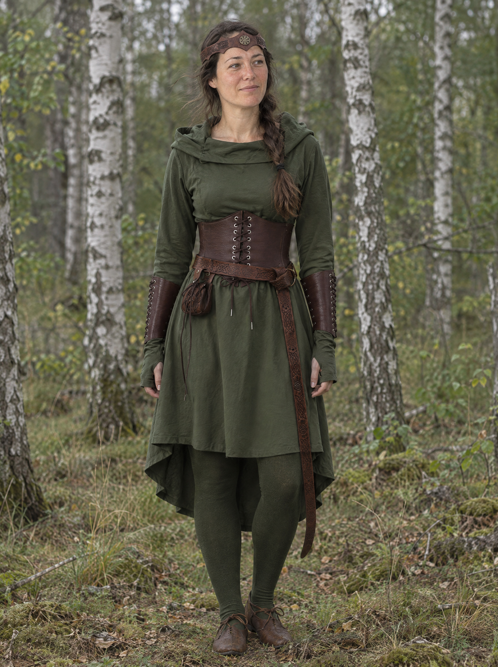 Complete elven outfit worn by a woman outdoors