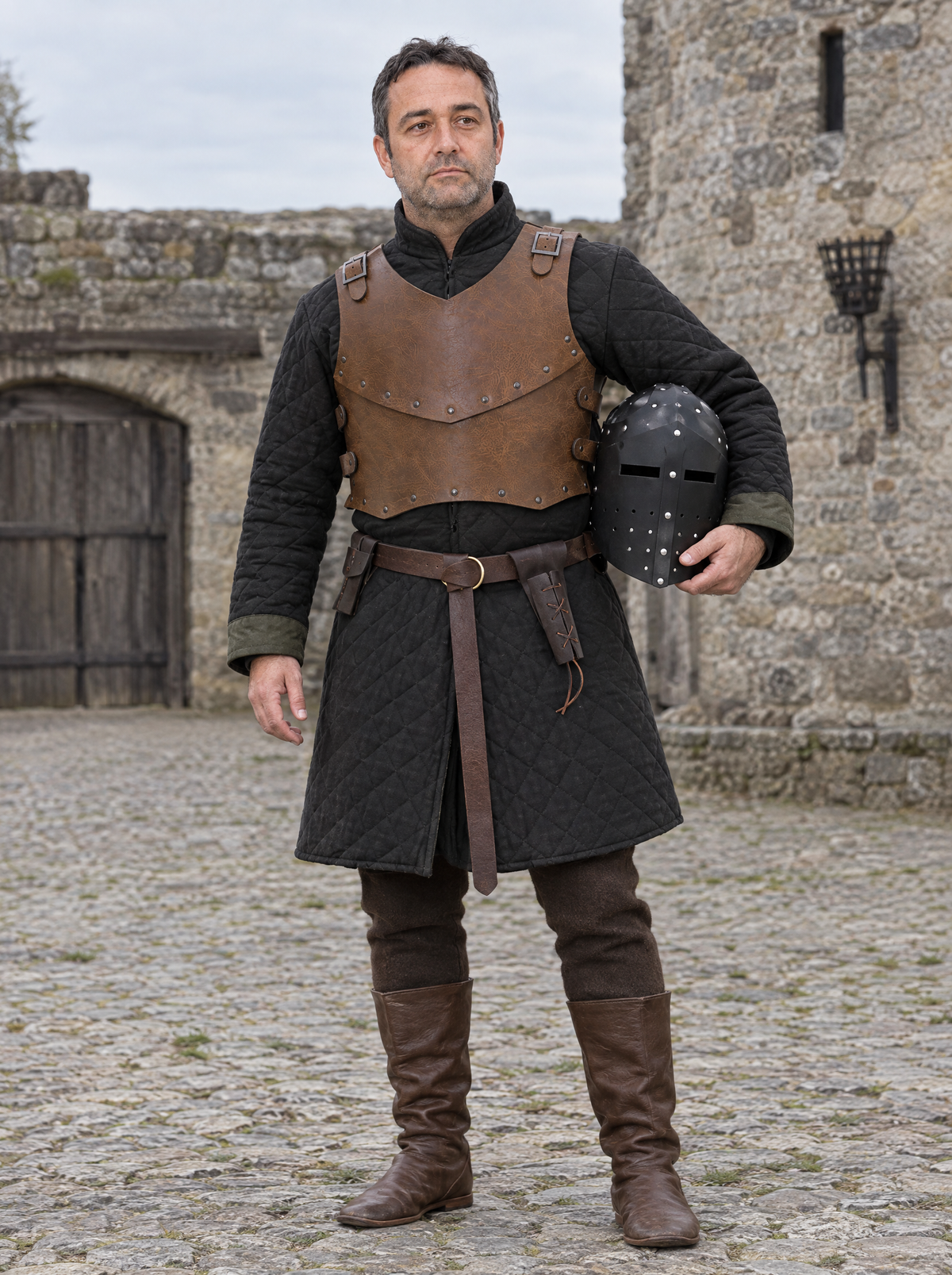Complete knight outfit worn by a man outdoors