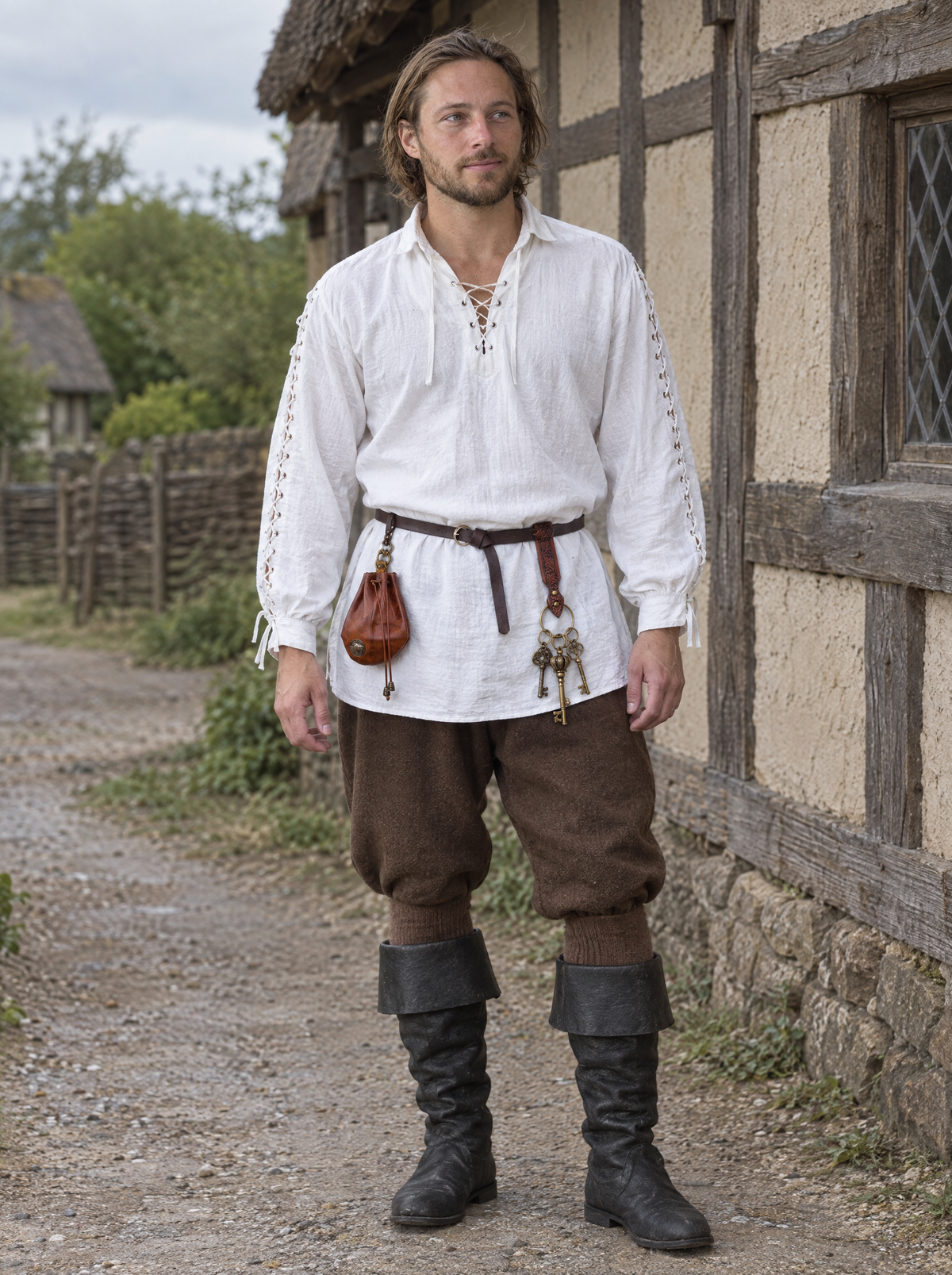 Complete renaissance outfit worn by a man outdoors