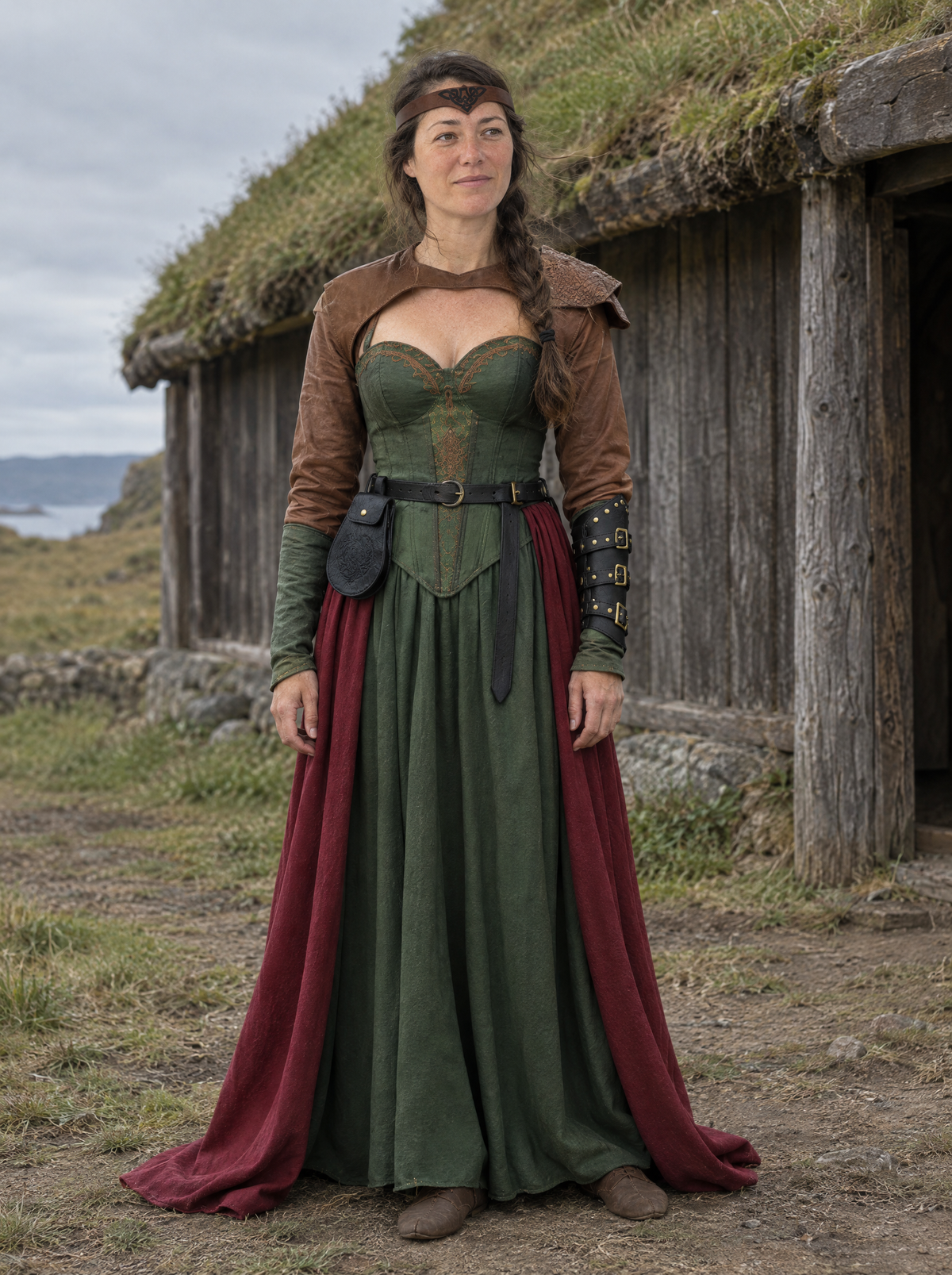 Complete Viking outfit worn by a woman outdoors