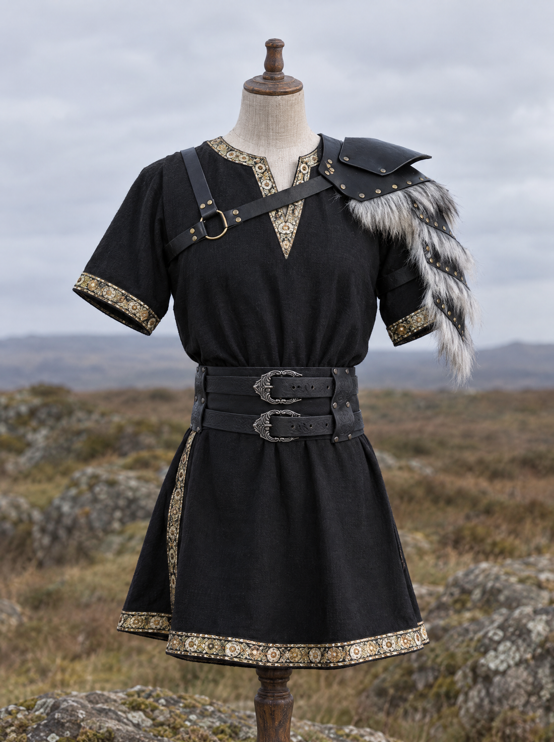 Complete dark warrior outfit on a dress form