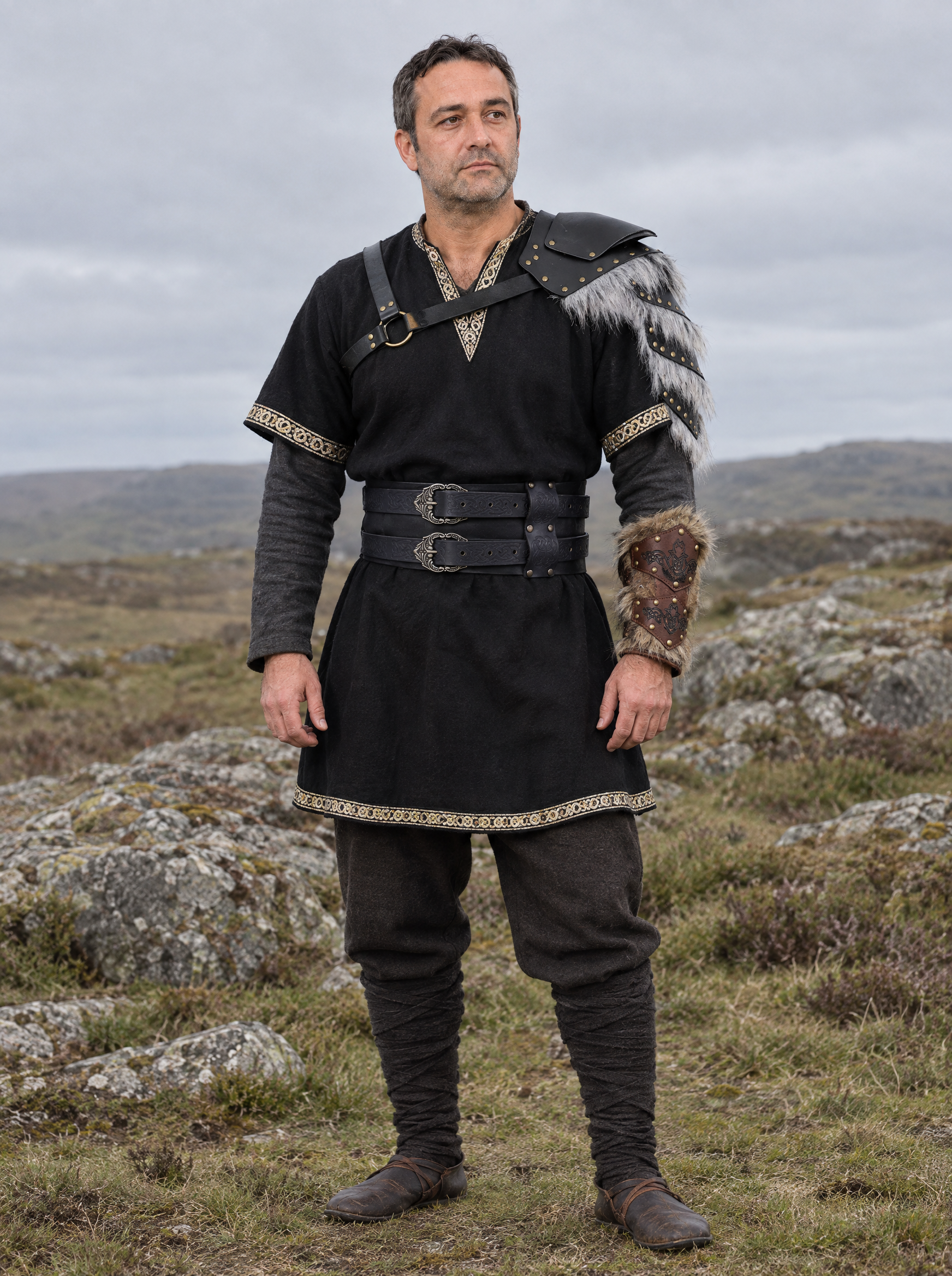 Complete dark warrior outfit worn by a man outdoors