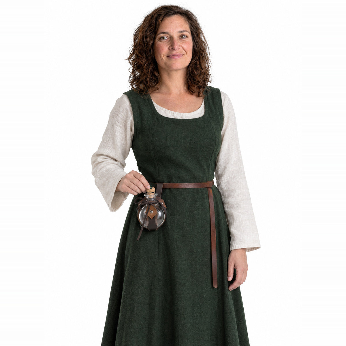 Brown maple leaf potion bottle with belt holder worn by a model on a white background