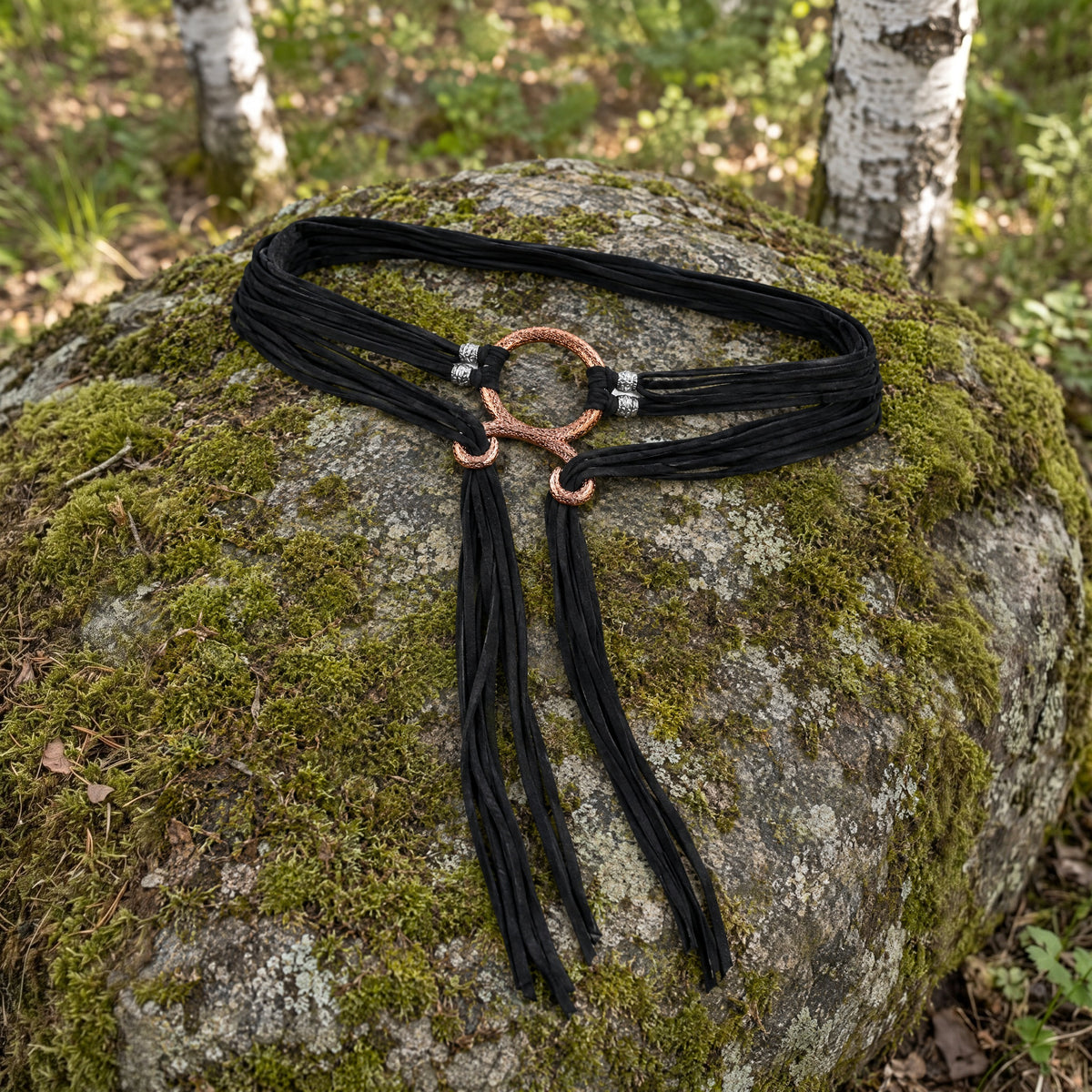 Black multi-cord ring belt on a rustic surface