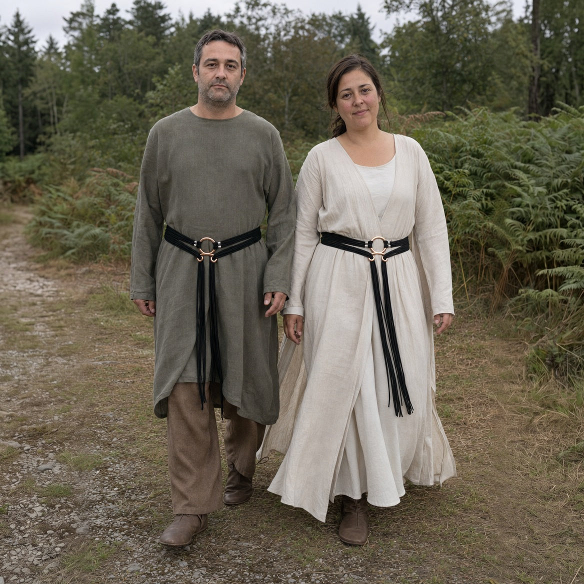 Multi-cord ring belt styled over a tunic and a long plain dress