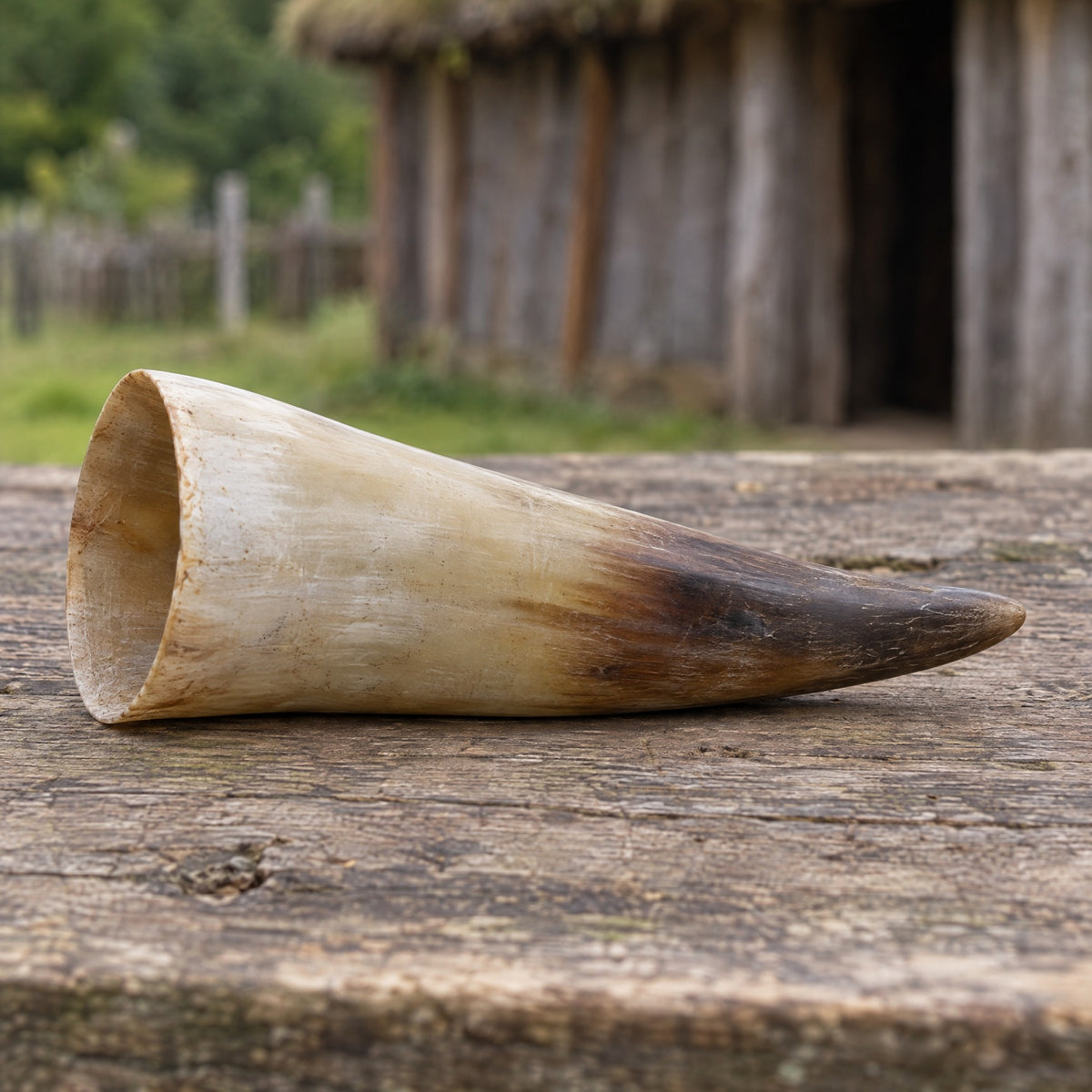 Natural drinking horn on a rustic surface
