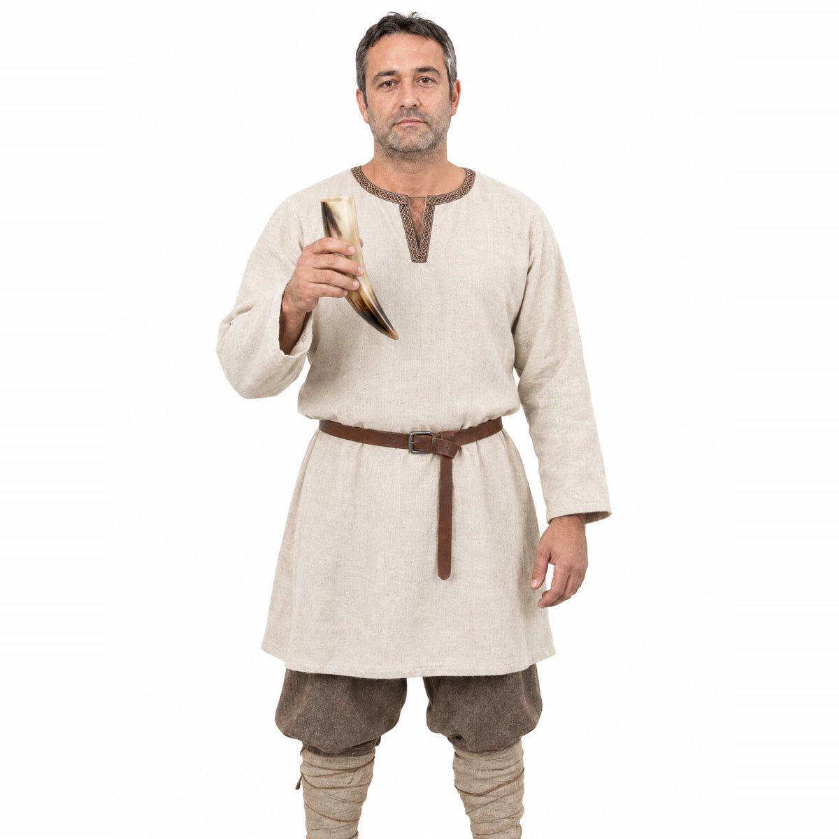 Natural drinking horn worn by a model on a white background